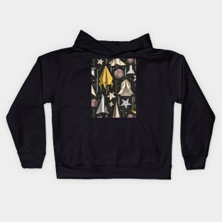 Reaching for the stars // pattern // black background ivory grey brown and yellow origami paper asteroids stars and space ships traveling light speed Kids Hoodie